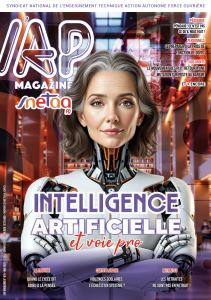 Une couverture de magazine présente une femme aux traits naturels et aux cheveux argentés, mi-humaine, mi-robot. Le titre indique « Intelligence Artificielle et voie pro » et divers titres d'articles en français l'entourent.