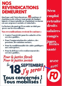 Affiche de protestation française sur fond rouge et blanc, réclamant de meilleurs salaires, de meilleures conditions de travail et un soutien aux services publics ; elle appelle à une manifestation le 18 septembre, avec un texte en gras et un grand logo du syndicat FO.