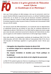 Un tract en français annonce une grève générale de l'enseignement le 3 février en Guadeloupe et en Martinique, détaillant les revendications concernant les suppressions de postes, le traitement des enseignants et les mesures sanitaires liées au COVID-19.