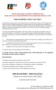 Un préavis de grève français des syndicats de l'éducation appelant à une grève scolaire le 6 février 2026, soulignant le mécontentement à l'égard du système éducatif dans les territoires français d'outre-mer et énumérant les principales revendications syndicales.