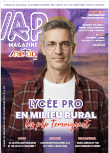 Couverture d'un magazine français représentant un homme d'âge moyen aux cheveux gris et aux lunettes, souriant légèrement. Le titre principal est : "Lycée pro en milieu rural, les PLP témoignent", avec des graphiques et des textes colorés.